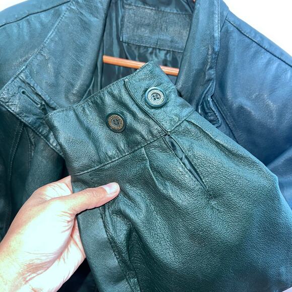 Vintage 80s Genuine Leather Bomber Jacket Coat Size Large Women's Winter Green - Picture 5 of 13